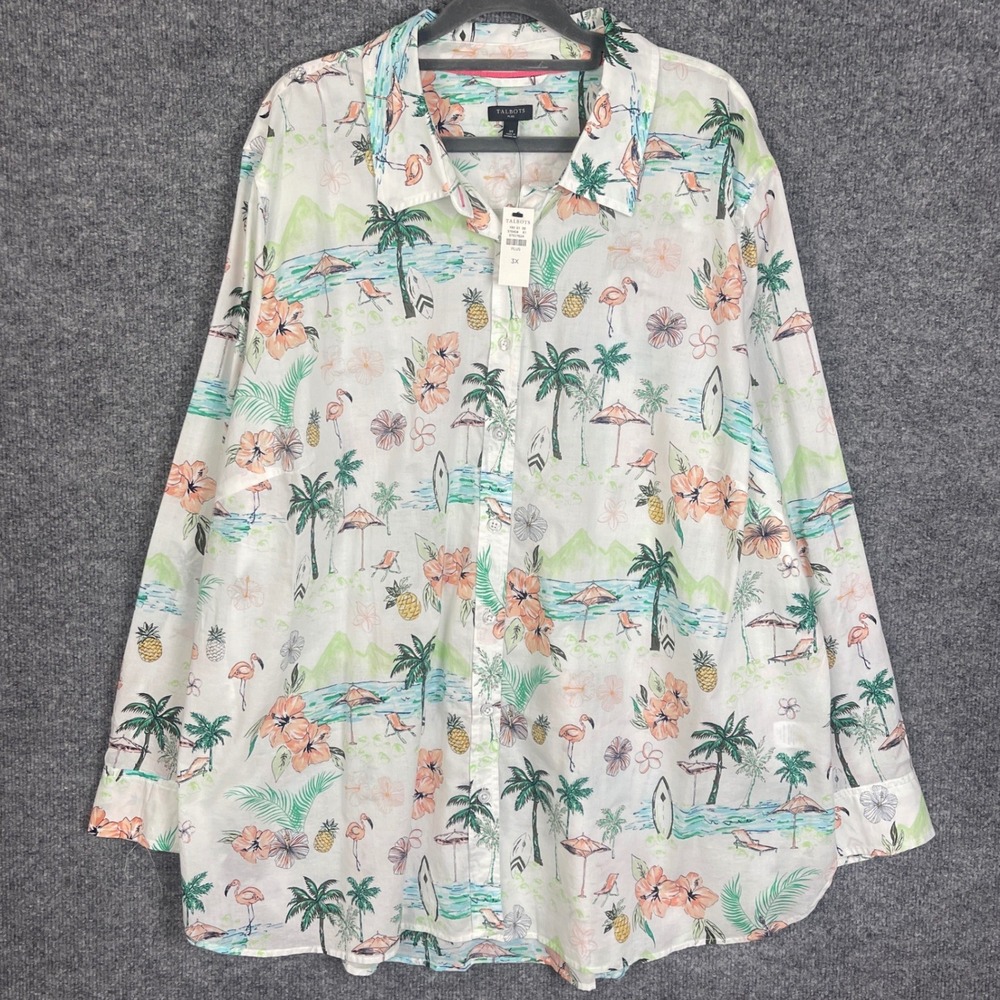 NEW Talbots Button Up Shirt 3X White New Flamingo Tropical Beach Print Cotton